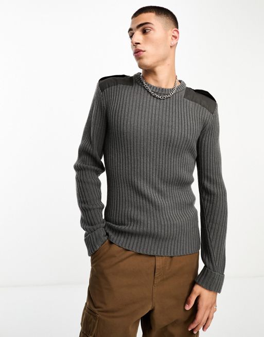 COLLUSION knitted rib crew neck jumper with utility details in charcoal grey
