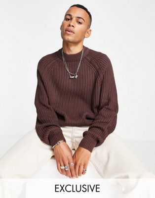 COLLUSION knitted rib crewneck in chocolate brown