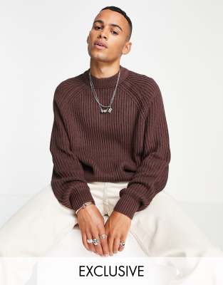 COLLUSION knitted rib crewneck in chocolate brown