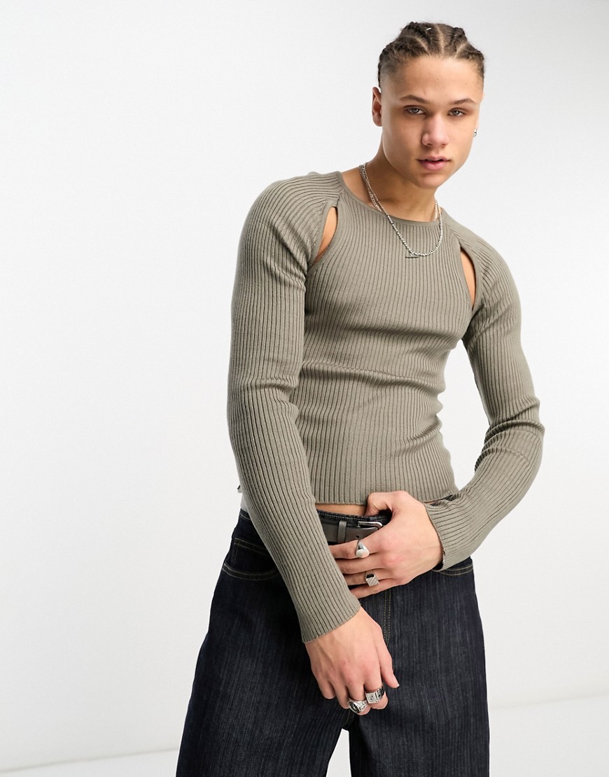 COLLUSION knitted rib cut out longsleeve top in grey