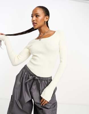 Collusion Knitted Rib Scoop Neck Sweater In Ecru-white