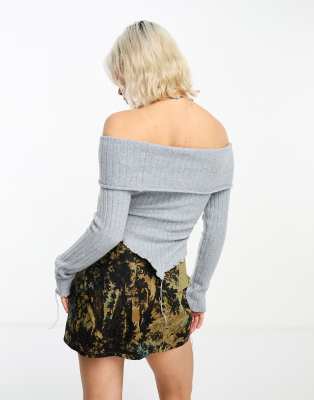 COLLUSION knitted ribbed bardot jumper with distressed details in blue marl-Multi