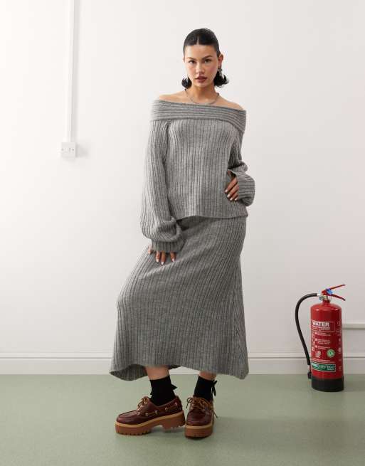COLLUSION knitted ribbed off the shoulder jumper in charcoal (part of a set), 2 of 4