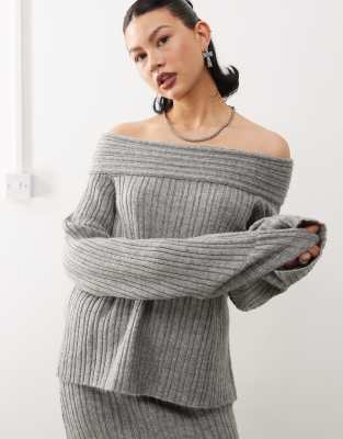 knitted ribbed off the shoulder sweater in charcoal - part of a set-Gray