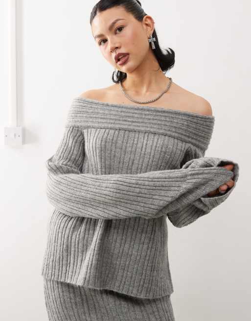 COLLUSION knitted ribbed off the shoulder jumper in charcoal (part of a set)