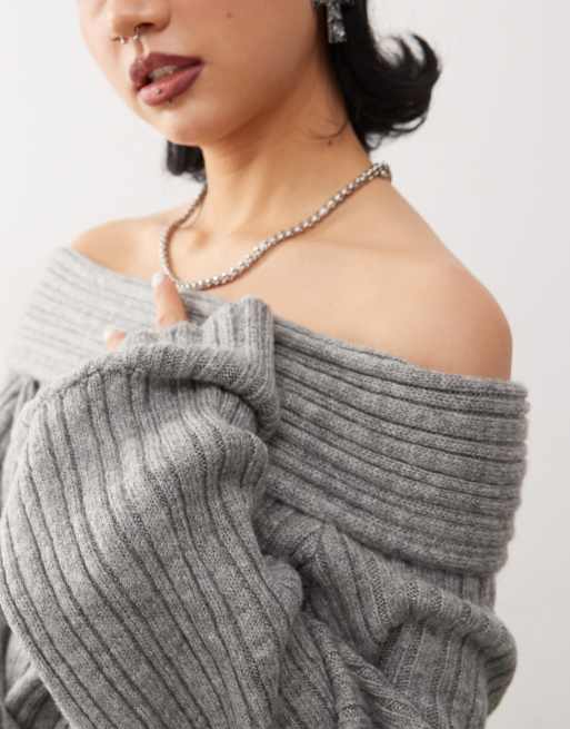 COLLUSION knitted ribbed off the shoulder jumper in charcoal (part of a set)