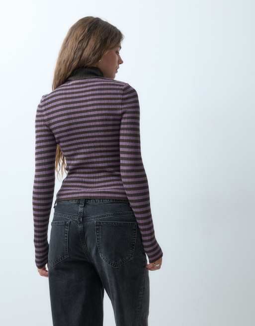 COLLUSION knitted ribbed roll neck in purple stripe, 3 of 4