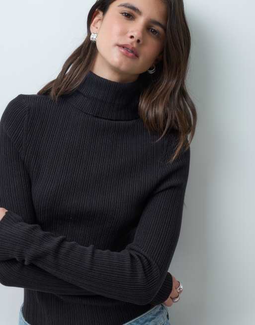 COLLUSION knitted ribbed roll neck jumper in black, 4 of 4