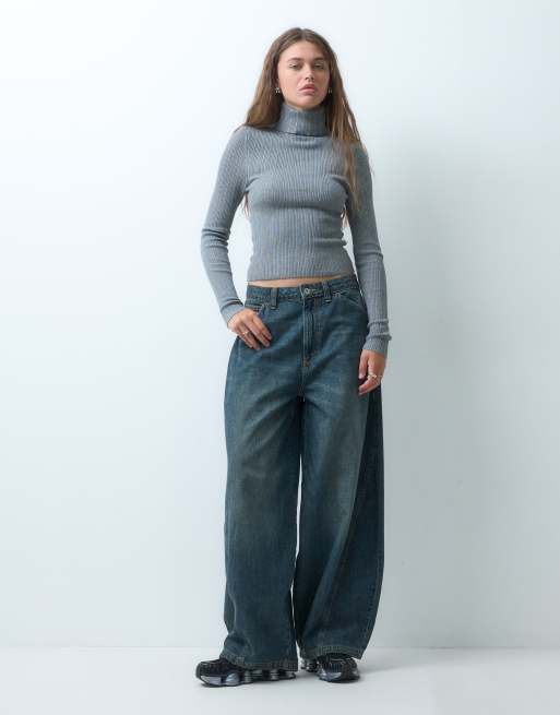 COLLUSION knitted ribbed roll neck jumper in grey marl, 2 of 4