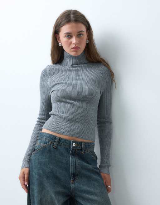 COLLUSION knitted ribbed roll neck jumper in grey marl, 3 of 4