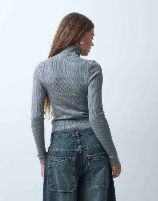 COLLUSION knitted ribbed roll neck jumper in grey marl, 4 of 4