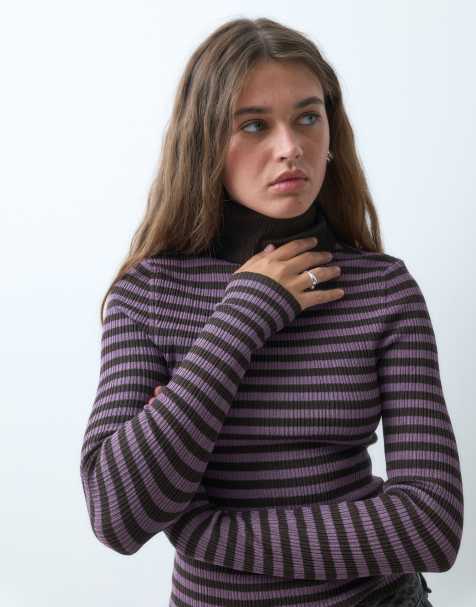 COLLUSION knitted ribbed roll neck jumper in purple stripe - view 1