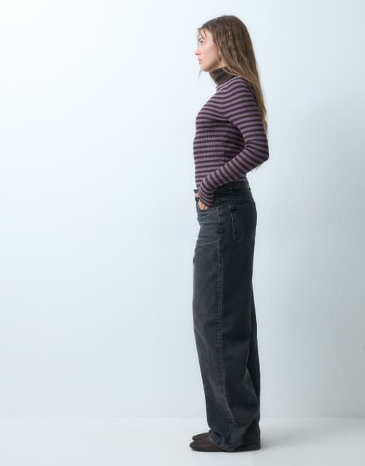 COLLUSION knitted ribbed roll neck jumper in purple stripe, 2 of 4