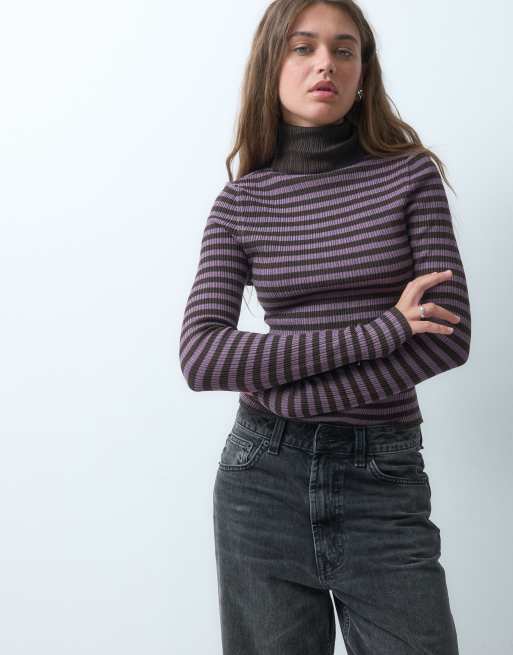 COLLUSION knitted ribbed roll neck jumper in purple stripe, 4 of 4