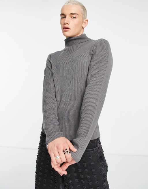 Grey ribbed cheap polo neck jumper