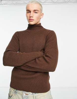 Collusion Knitted Ribbed Roll Neck Sweater In Chocolate Brown