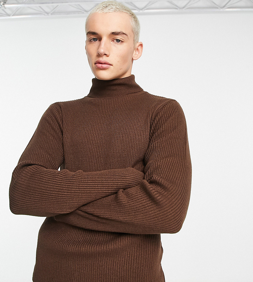 COLLUSION knitted ribbed roll neck sweater in chocolate brown