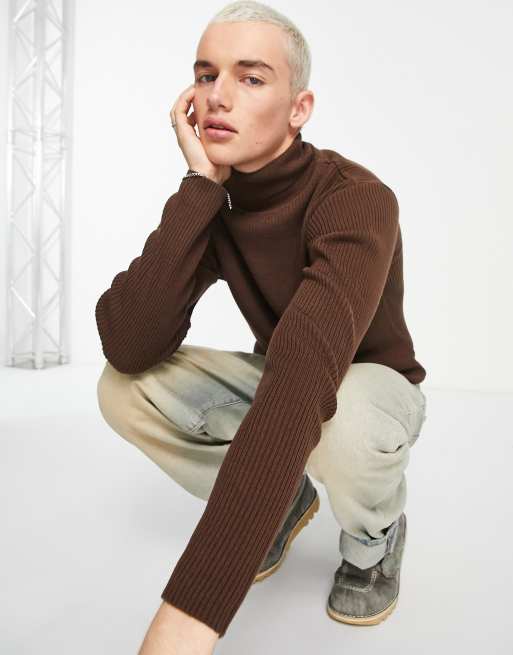 COLLUSION knitted ribbed roll neck sweater in chocolate brown