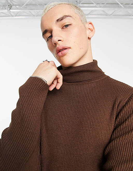 COLLUSION knitted ribbed roll neck sweater in chocolate brown | ASOS