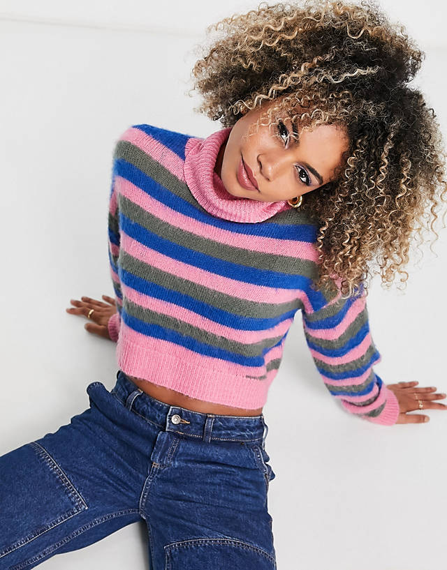 Collusion - knitted roll neck cropped jumper in striped print