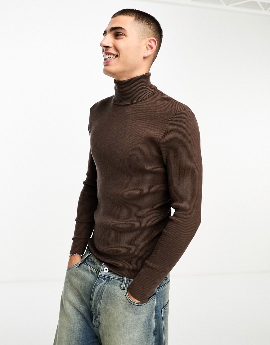 COLLUSION knitted roll neck jumper in chocolate brown-Multi