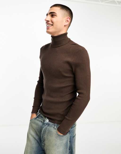 COLLUSION knitted roll neck jumper in chocolate brown