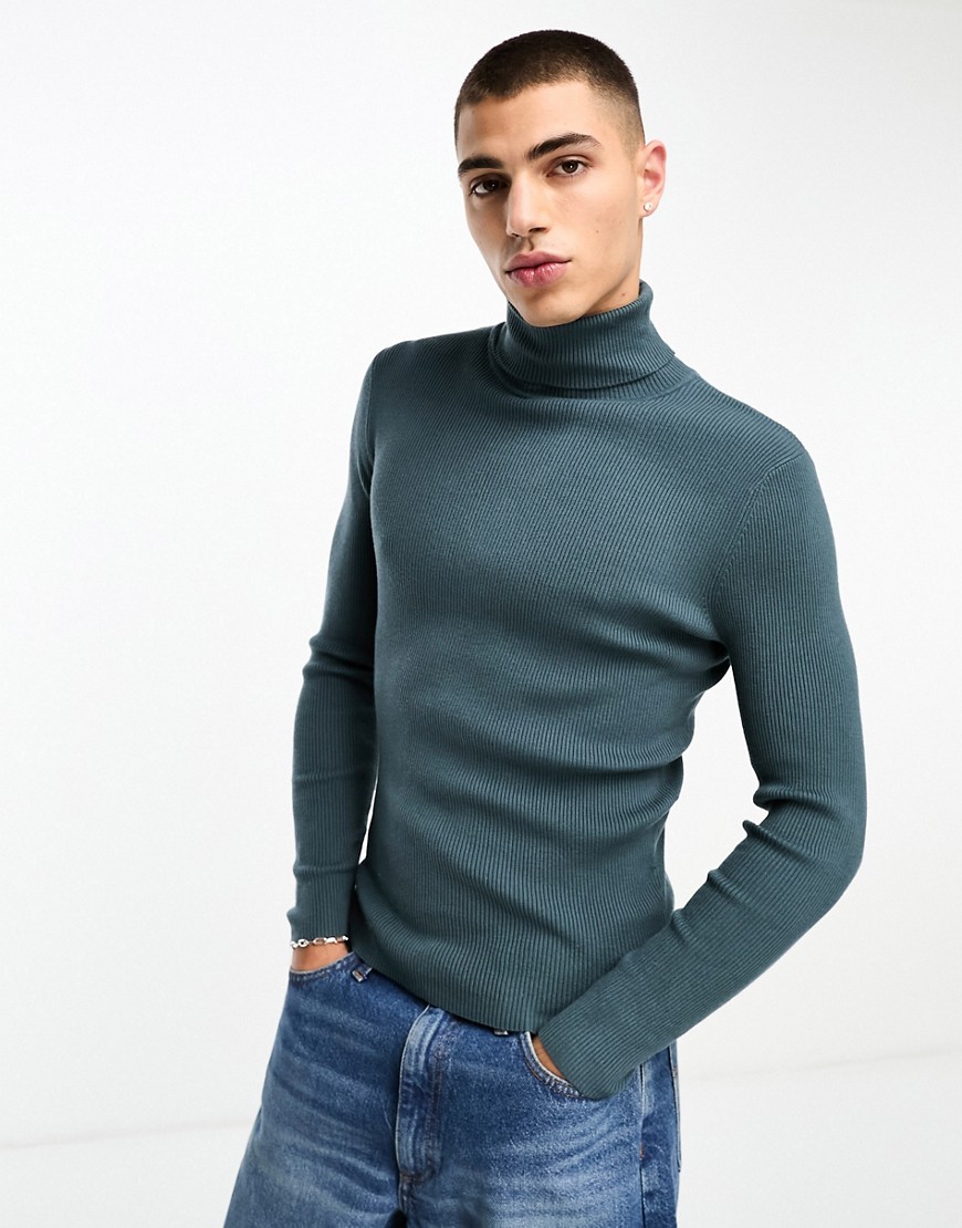 COLLUSION knitted roll neck jumper in dark teal-Blue