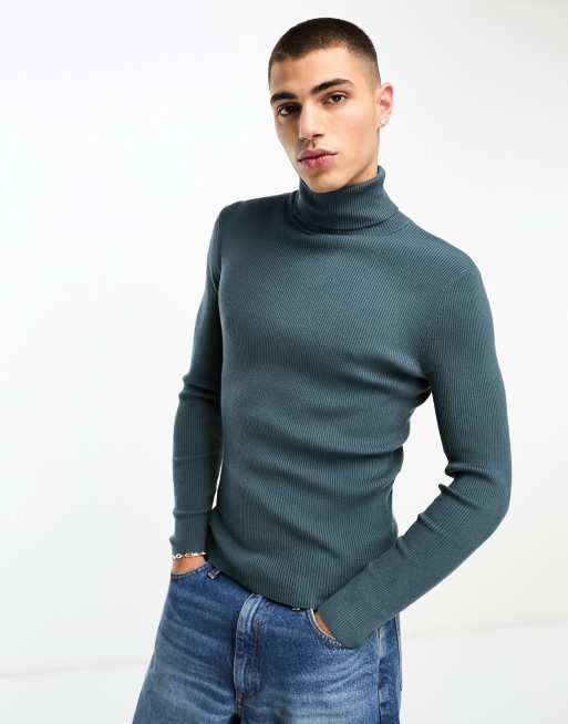 COLLUSION knitted roll neck jumper in dark teal | ASOS