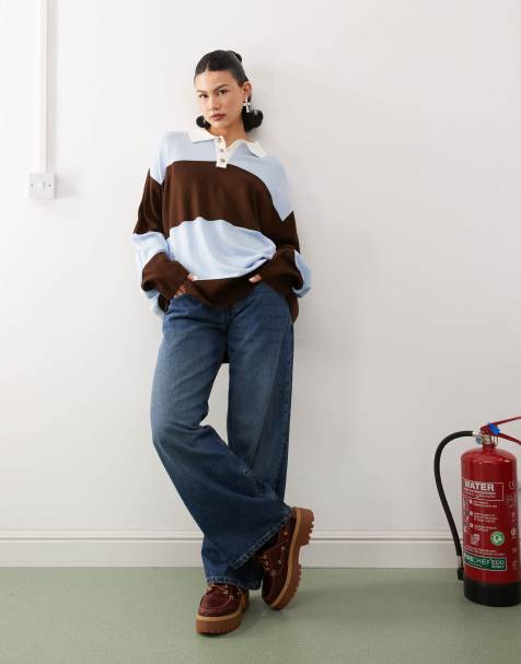 COLLUSION knitted rugby jumper in brown - view 1