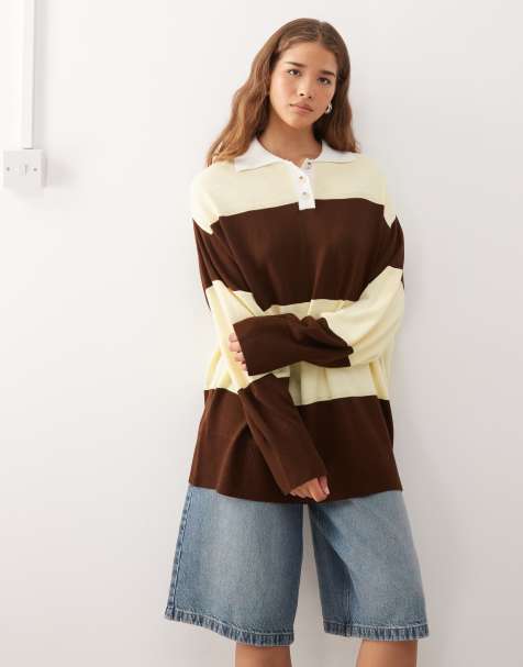 COLLUSION knitted rugby jumper in brown - view 1
