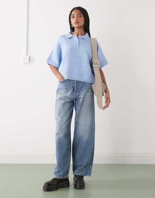COLLUSION knitted short sleeve polo in blue, 2 of 4