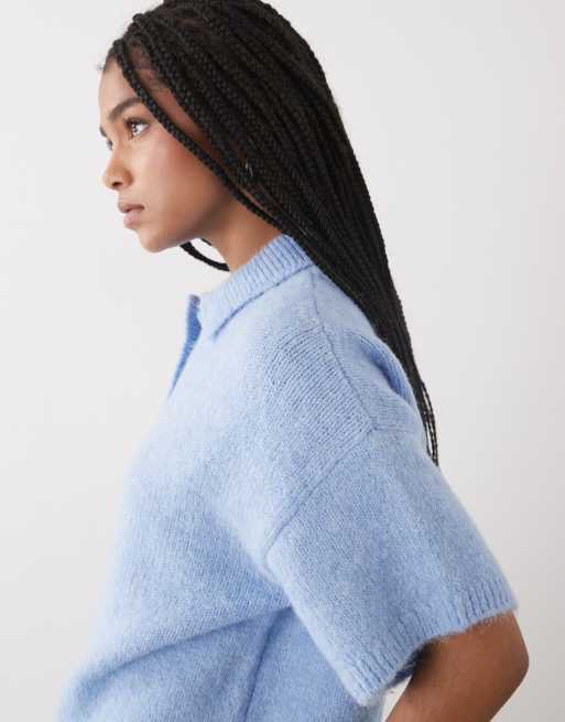 COLLUSION knitted short sleeve polo in blue, 4 of 4
