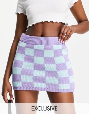 COLLUSION knitted checkerboard skirt co-ord  in lilac and blue