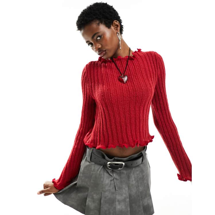 COLLUSION knitted slash neck jumper in red