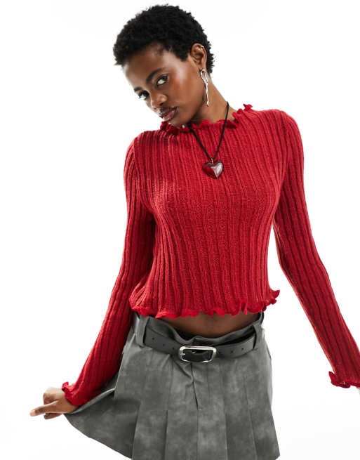 COLLUSION knitted slash neck jumper in red ASOS