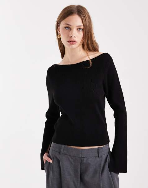 COLLUSION knitted slash neck long sleeve top in black