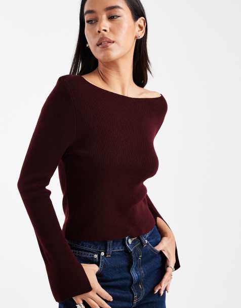 COLLUSION knitted slash neck long sleeve top in plum - view 1