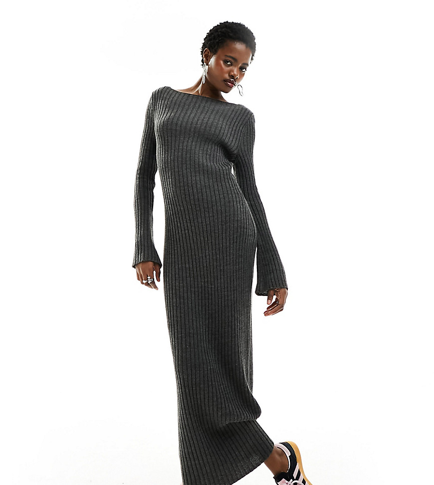 COLLUSION knitted slash neck maxi dress in grey rib