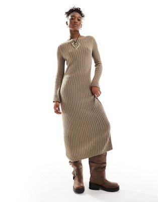 COLLUSION knitted slash neck maxi dress in textured stone rib