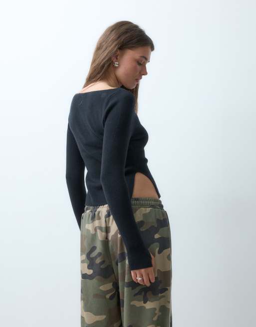COLLUSION knitted slash neck top in black, 3 of 4