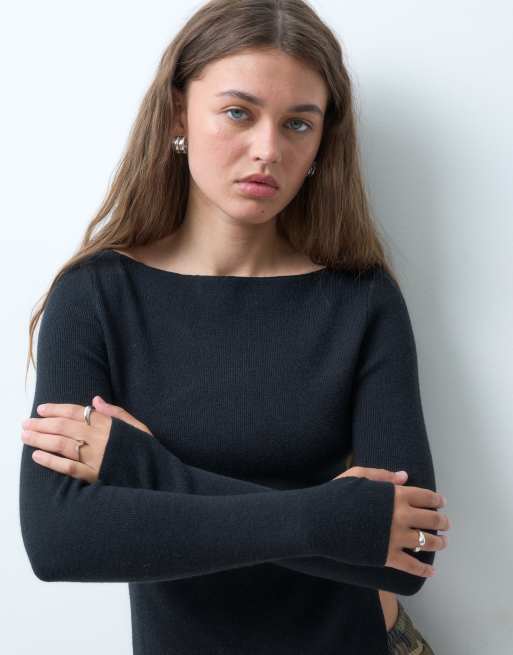 COLLUSION knitted slash neck top in black, 4 of 4