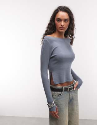 Collusion Knitted Slash Neck Top In Gray