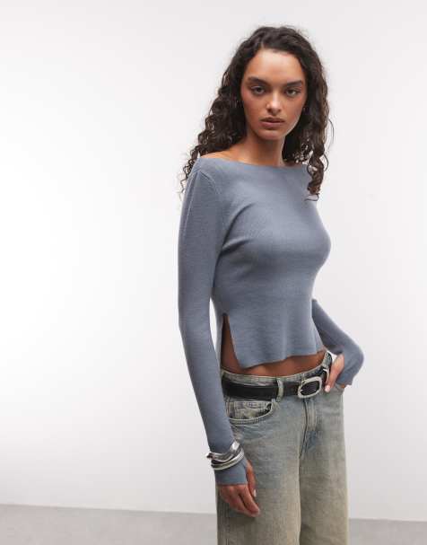 COLLUSION knitted slash neck top in grey - view 1