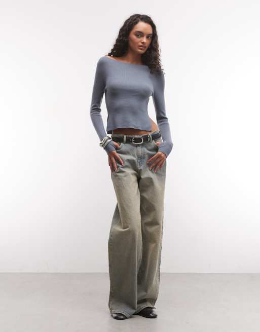 COLLUSION knitted slash neck top in grey, 2 of 4
