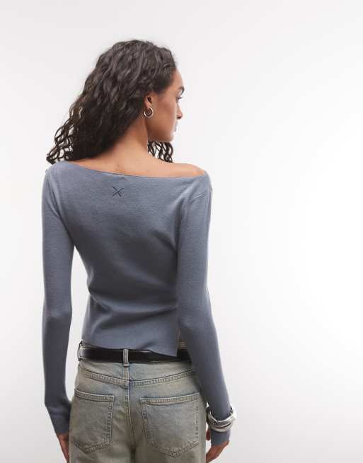 COLLUSION knitted slash neck top in grey, 3 of 4