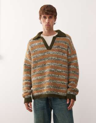 COLLUSION Knitted stripe boxy collared sweat jumper in brown-Yellow