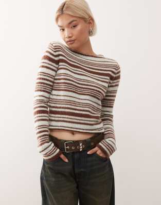 Collusion COLLUSION knitted stripe long sleeve top in mint chocolate-Brown