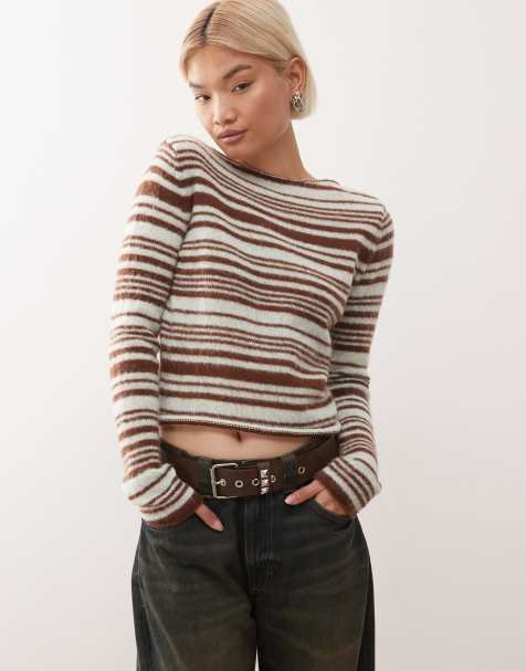 COLLUSION knitted stripe long sleeve top in mint chocolate - view 1