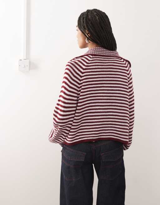COLLUSION knitted stripe raglan cardi in pink, 4 of 4