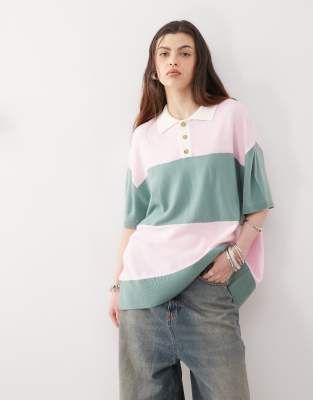 COLLUSION knitted stripe rugby polo in pink and green